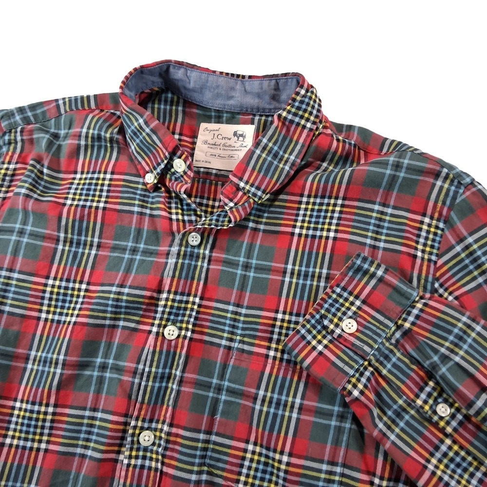 J.Crew Button Down Shirt Mens Medium Fall Red Plaid Brushed Cotton Long Sleeve